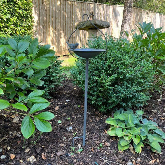 Metal feeding dish on spike around 88cm high for feeding seed and seed mixes