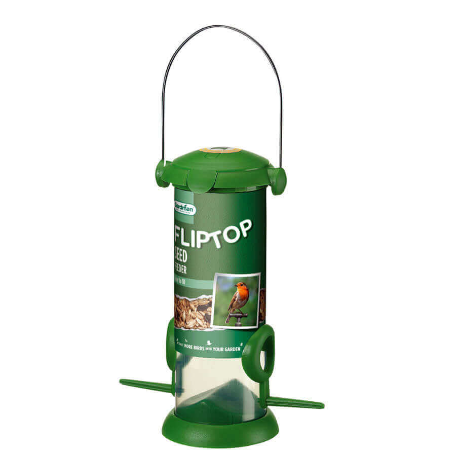 Practical green seed feeder with hanging loop and two feeding ports.