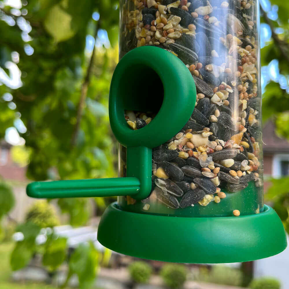 Two port green seed feeder filled with seed mix