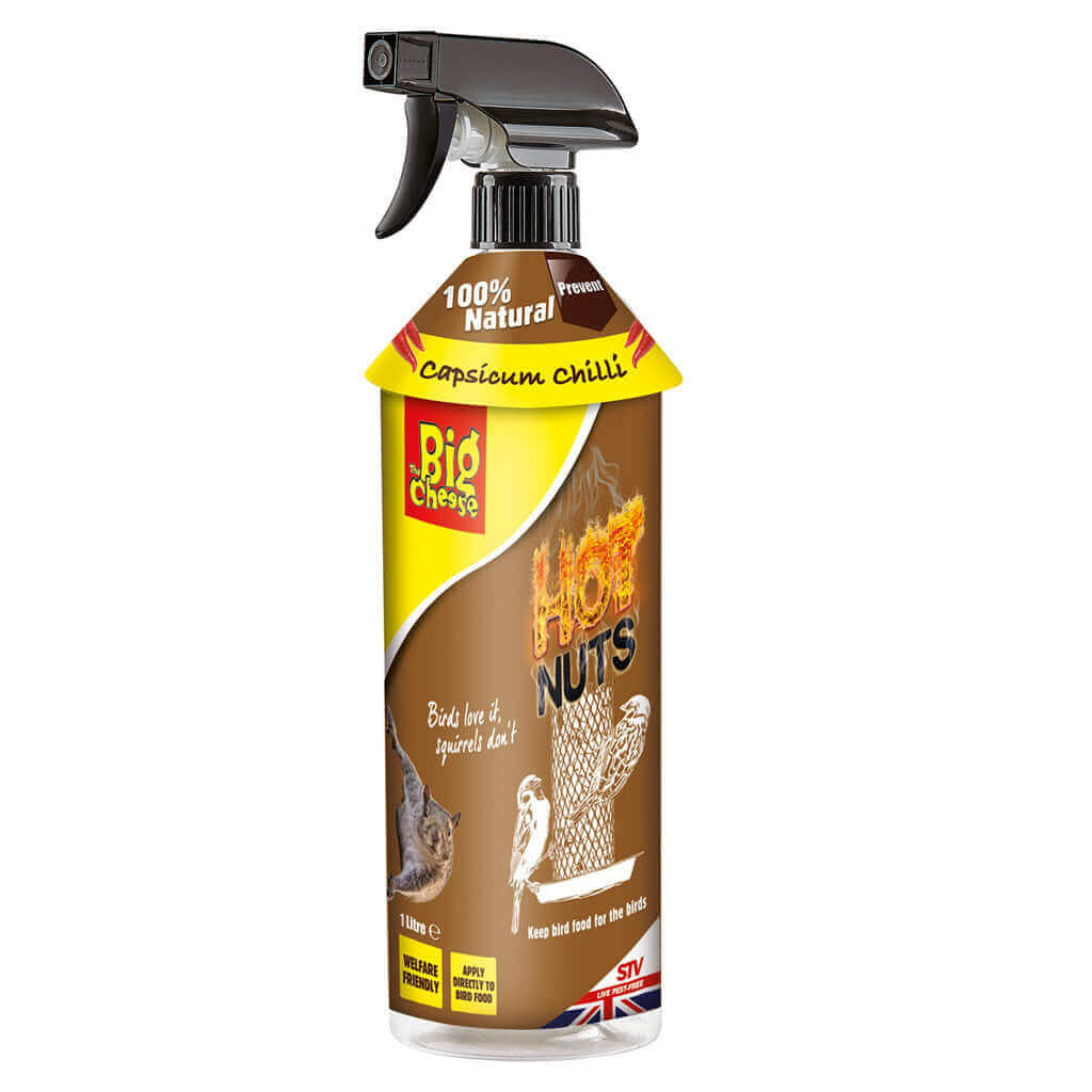 The Hot Nuts Squirrel Deterrent Spray is a ready to use, natural, humane 1L squirrel repellent spray to protect bird tables, nut feeders and suet balls in outdoor, garden areas.