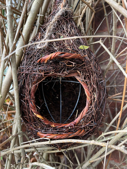 Natural-looking nest pouch with large entrance hole for robins.