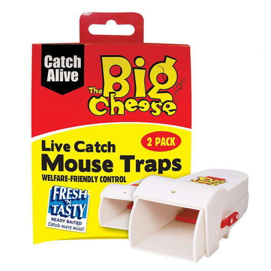 A white, red and yellow welfare-friendly mouse trap, next to brightly coloured packaging.