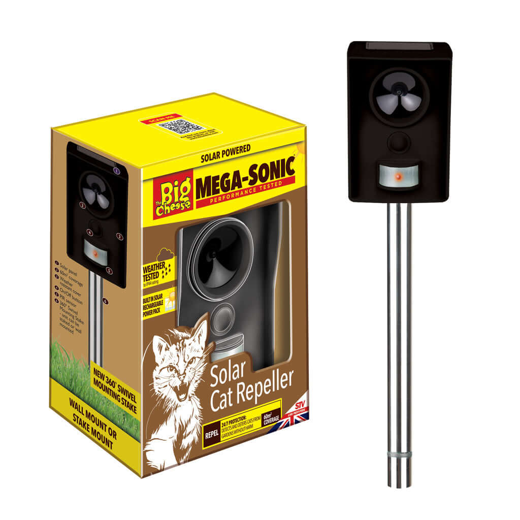 The Mega-Sonic Solar Cat Repeller helps deter cats from fouling on lawns and gardens and stop cats from scratching up garden plants, vegetables and newly seeded lawns.