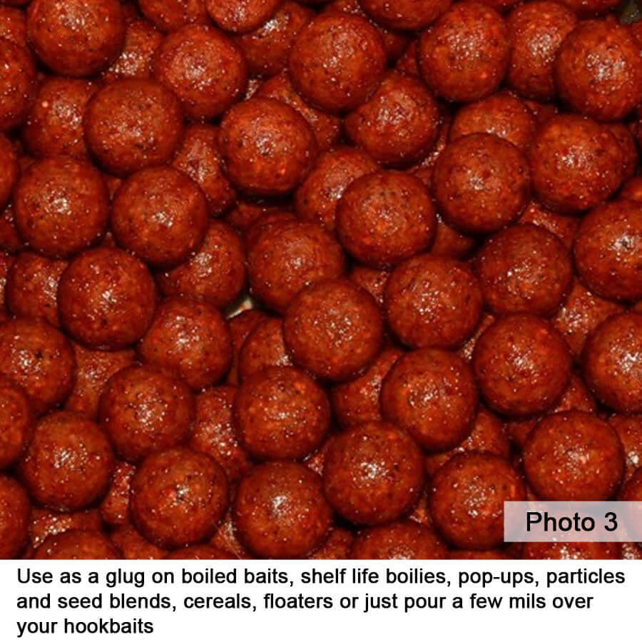 Use Liquid ROBIN RED® as a glug on boiled baits, boilies, pop-ups, particle and seed blends, cereals, floaters or just pour a few mils over your hookbaits.