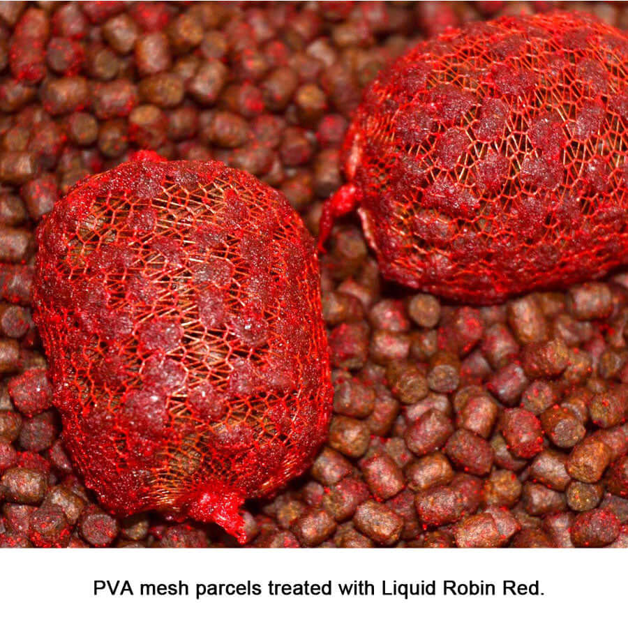 PVA mesh parcels that have been treated with  Liquid ROBIN RED fishing bait.
