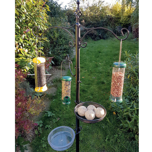 The classic bird dining station. A robust design,  premium black feeding station with brackets, a water dish and mesh tray. Available from Haith's.