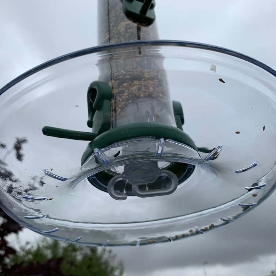 Durable clear plastic tray also provides extra perching space for garden birds