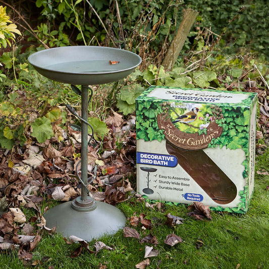 Decorative, silver bird bath next to it's packaging with a goldfinch on the front. 