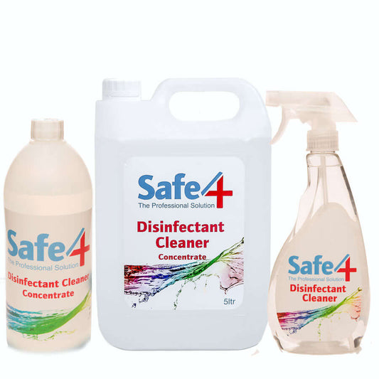 Bottle of Safe 4 Disinfectant Concentrate, a 5 litre bottle and trigger spray for garden birds.