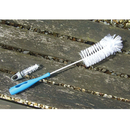Thin cleaning brush with white bristles and a blue handle, perfect for cleaning bird feeders. 