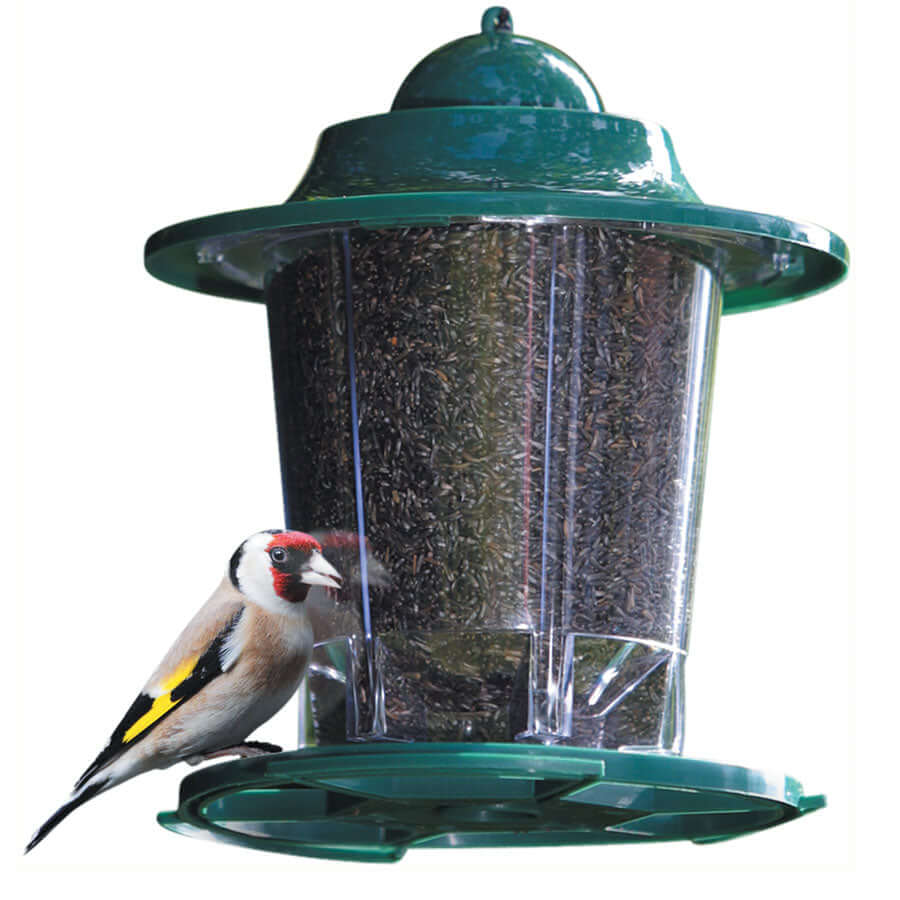 This plastic, lantern-style Niger seed feeder has a handy circular perch around the base and is an ideal low-cost feeder to try to attract a Goldfinch, or two!