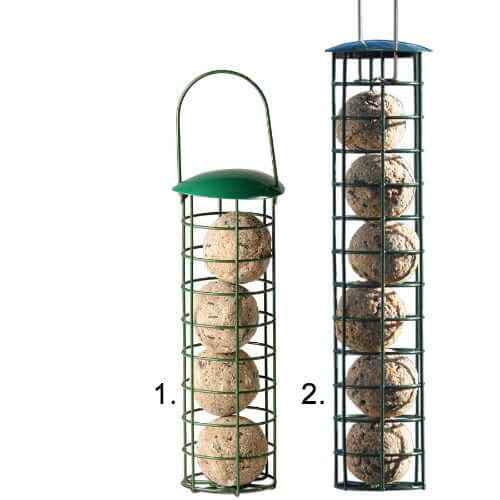 Green wired small fat ball holders available in two sizes with hanging loop at top of feeder