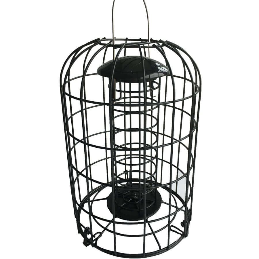 A heavy-duty cage prevents squirrels from feeding.