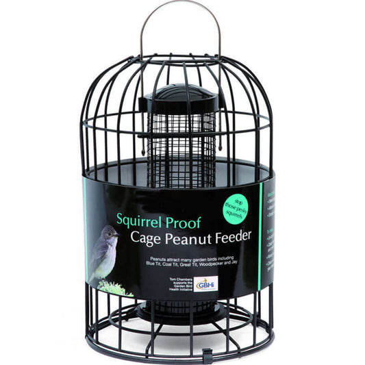 Heavy-duty steel caged peanut feeder that prevents squirrels from feeding with black cage and hanging loop