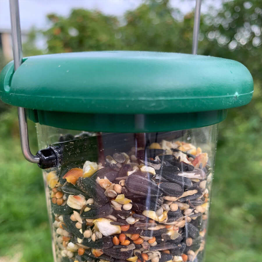 Green tubular seed feeder with green plastic top and bottom