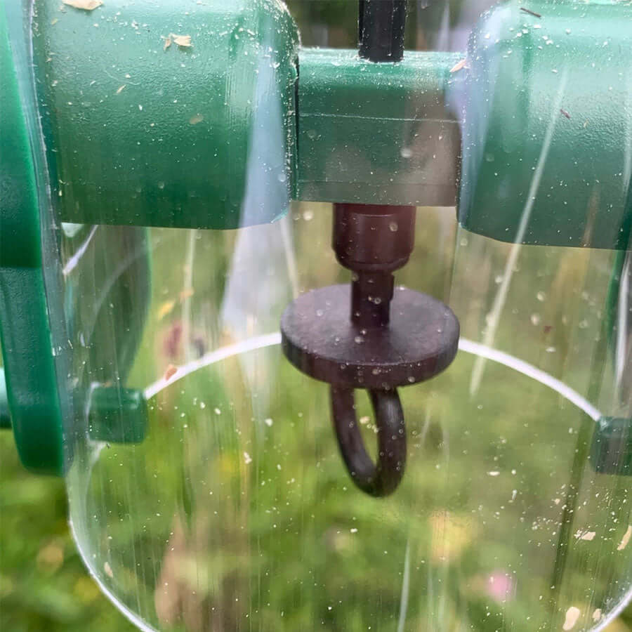 Green plastic seed feeder that is quick to clean - no tools needed