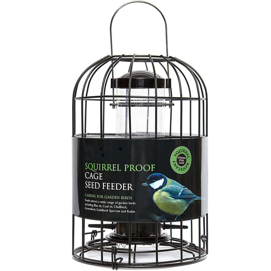 Heavy-duty steel caged 2 port seed feeder that prevents squirrels from feeding.