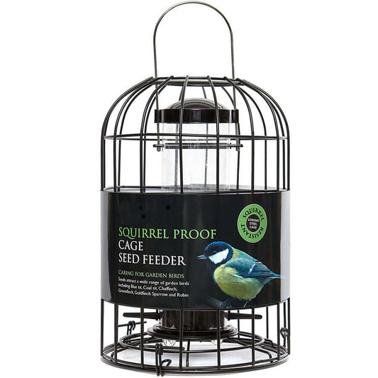 Black heavy-duty steel caged 2 port seed feeder that prevents squirrels from gaining access to seed,