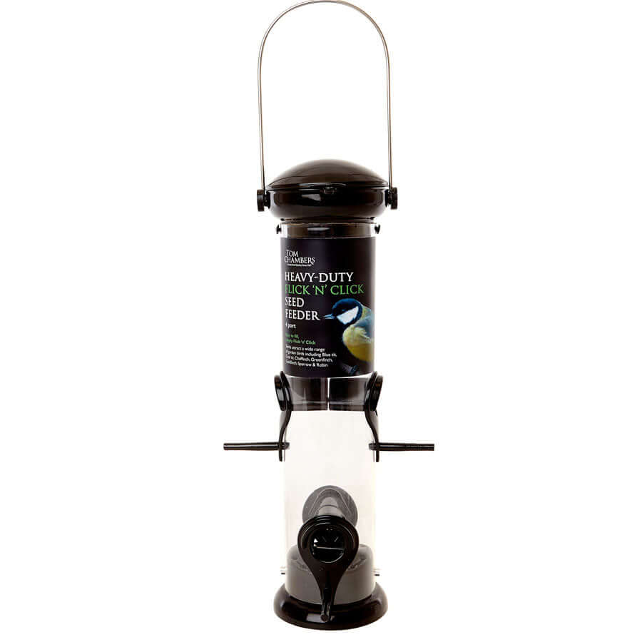 Black 4 port seed feeder with 4 feeding ports and hanging metal loop made from durable polycarbonate.