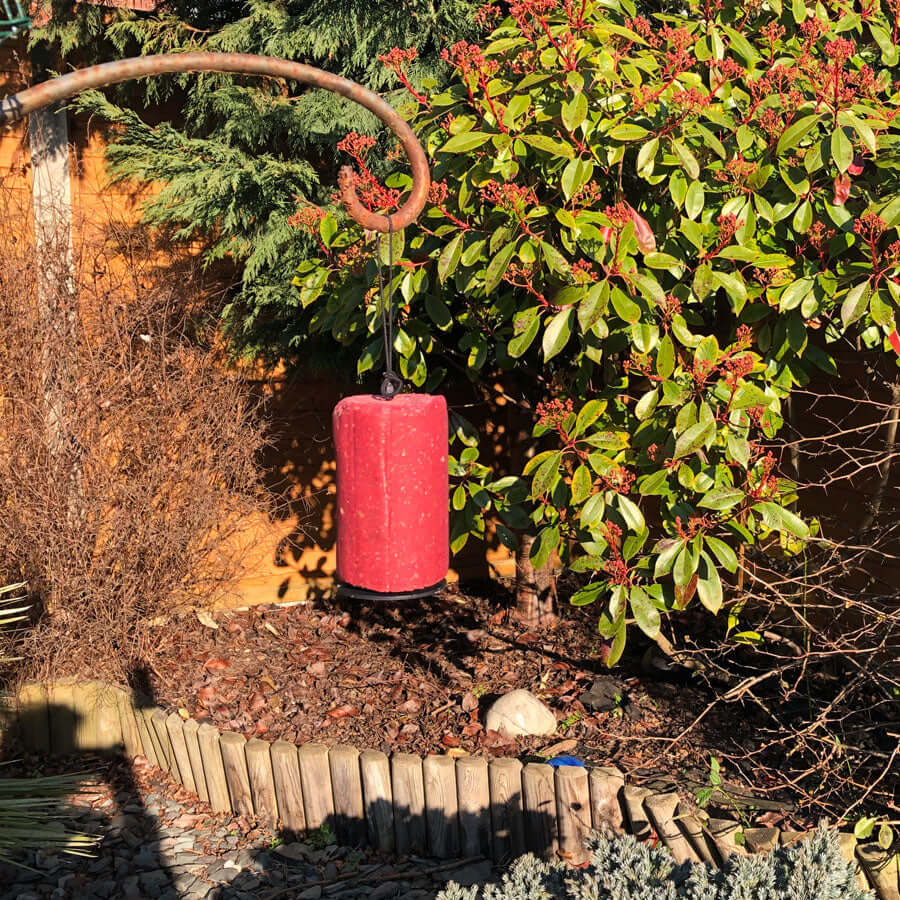 A complementary food for wild birds with a plastic hook at the top suitable for placing around the garden.