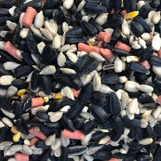 Bird seed mixture contains red berry suet pellets containing black sunflower and sunflower hearts available in  bulk weights up to 20 kg